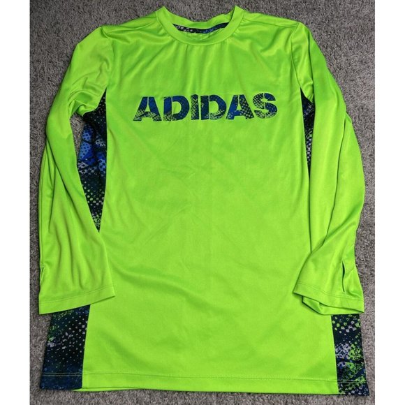 Adidas Boy Size Large Spell Out Logo Fluorescent Green Long Sleeve TShirt School - Picture 1 of 12